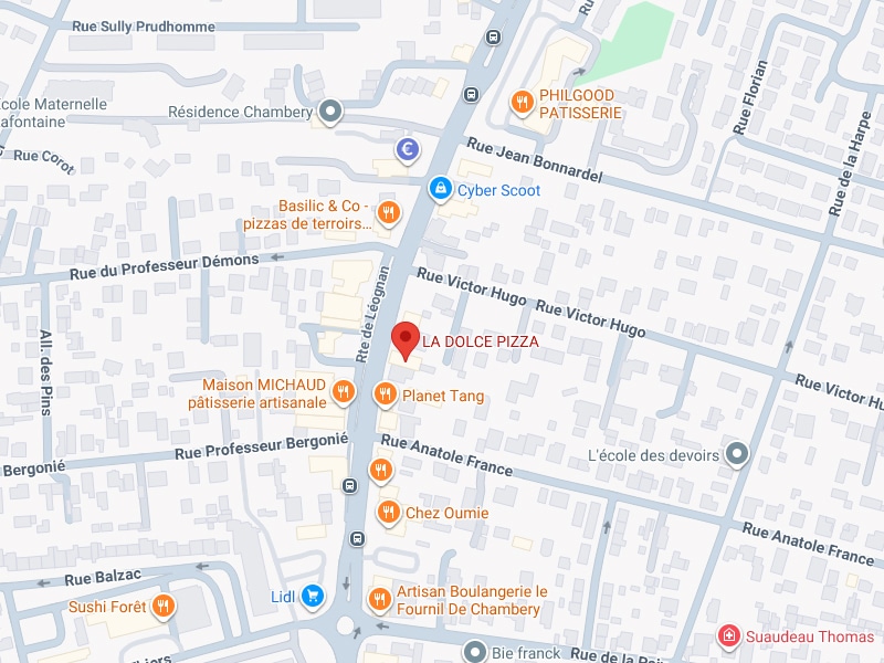 LA DOLCE PIZZA Chambéry : Localisation Rte de Léognan et Rue Victor Hugo. Plan de Chambéry : localisation de LA DOLCE PIZZA (pin rouge) sur la Rte de Léognan, à proximité de la Rue Victor Hugo, Basilico & Co et Planet Tang.