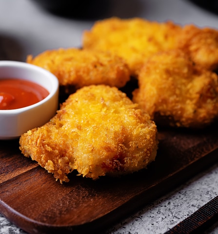 Nuggets de poulet croustillants : le secret d'une panure parfaite. Quatre nuggets de poulet dorés et croustillants sur une planche en bois, accompagnés d'une coupelle de ketchup ou de sauce chili.